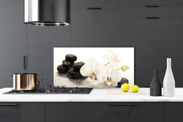 Panou sticla bucatarie Pietre florale flori alb negru