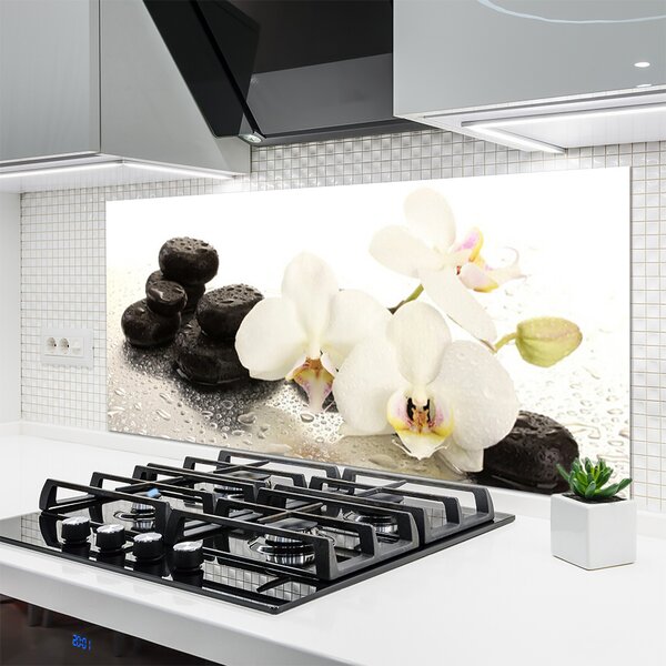 Panou sticla bucatarie Pietre florale flori alb negru