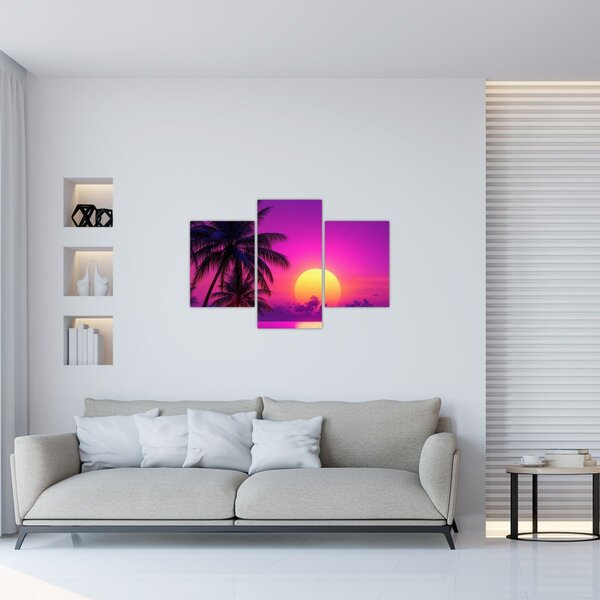 Tablou - Apus violet cu palmier (90x60 cm)