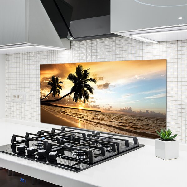 Panou sticla bucatarie Palm Trees Sea Beach Peisaj Galben Negru Albastru