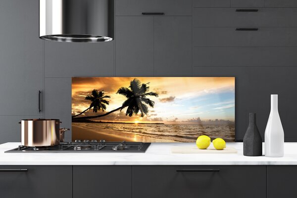 Panou sticla bucatarie Palm Trees Sea Beach Peisaj Galben Negru Albastru