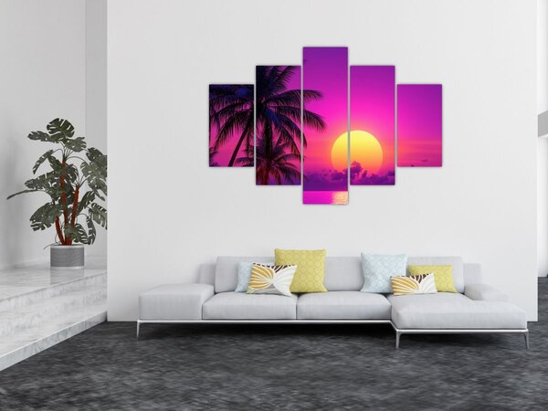 Tablou - Apus violet cu palmier (150x105 cm)