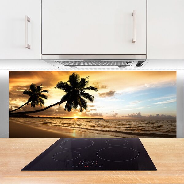 Panou sticla bucatarie Palm Trees Sea Beach Peisaj Galben Negru Albastru