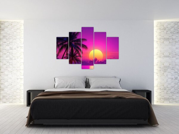 Tablou - Apus violet cu palmier (150x105 cm)