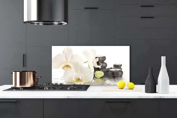 Panou sticla bucatarie Pietre florale flori alb negru