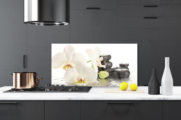 Panou sticla bucatarie Pietre florale flori alb negru
