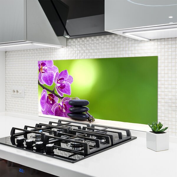 Panou sticla bucatarie Pietrele florale flori roz negru