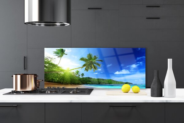 Panou sticla bucatarie Sea Palm Beach Peisaj Copaci Maro Verde Albastru