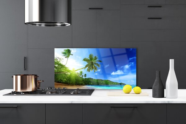 Panou sticla bucatarie Sea Palm Beach Peisaj Copaci Maro Verde Albastru