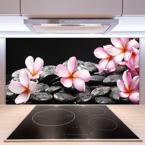 Panou sticla bucatarie Pietrele florale flori roz negru
