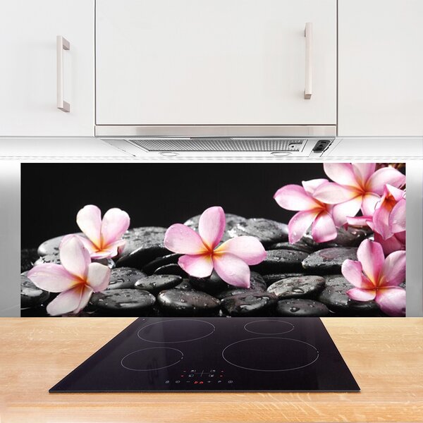 Panou sticla bucatarie Pietrele florale flori roz negru