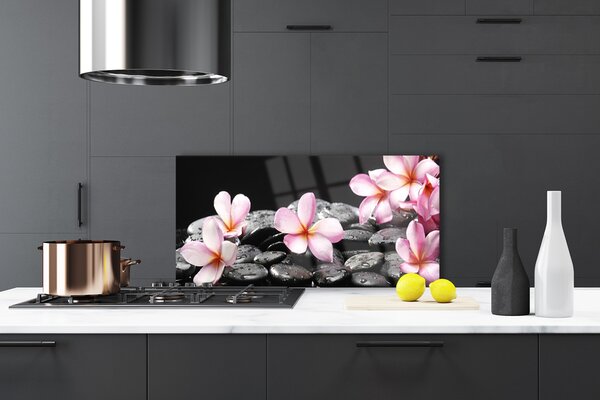 Panou sticla bucatarie Pietrele florale flori roz negru