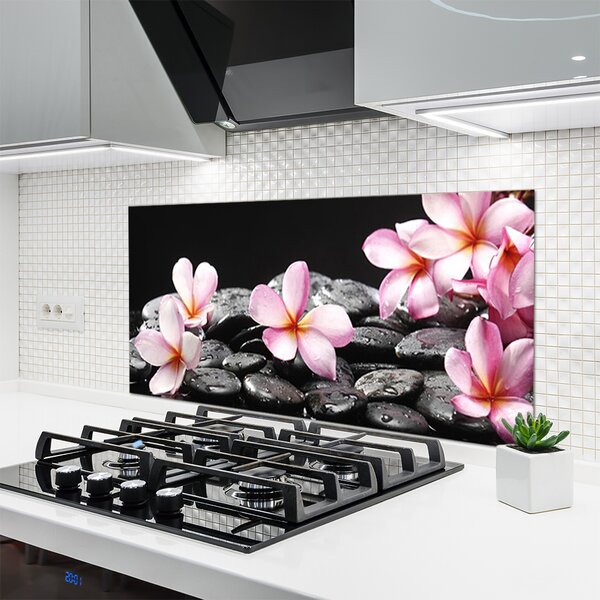 Panou sticla bucatarie Pietrele florale flori roz negru