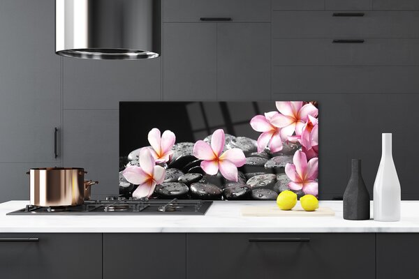 Panou sticla bucatarie Pietrele florale flori roz negru
