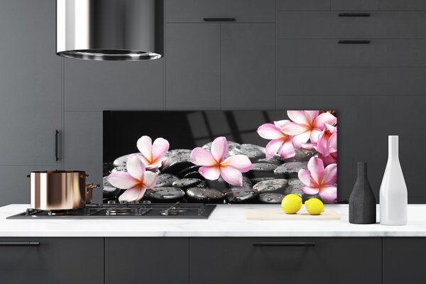 Panou sticla bucatarie Pietrele florale flori roz negru