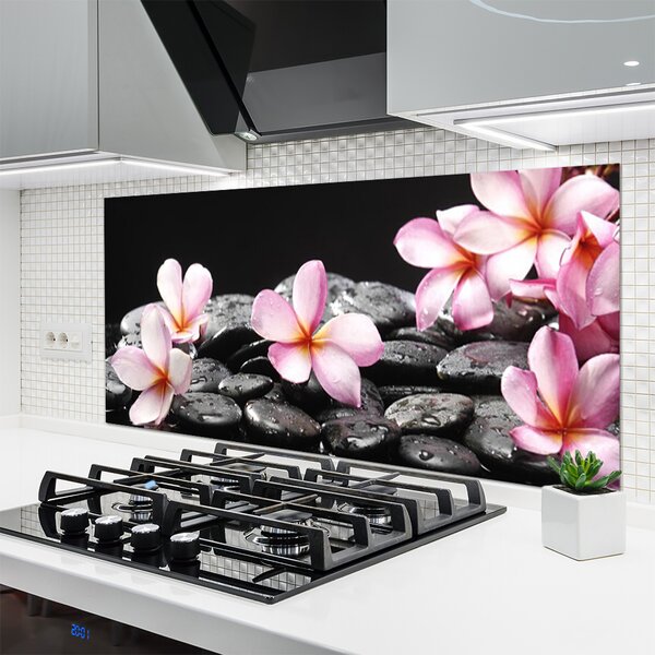 Panou sticla bucatarie Pietrele florale flori roz negru