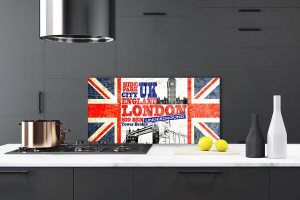 Panou sticla bucatarie Londra Flag Arta Albastru Alb Roșu Gri