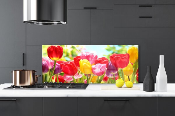Panou sticla bucatarie Lalele Floral Roșu Galben
