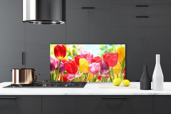 Panou sticla bucatarie Lalele Floral Roșu Galben