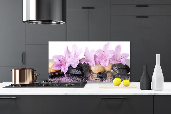 Panou sticla bucatarie Pietrele florale flori roz negru
