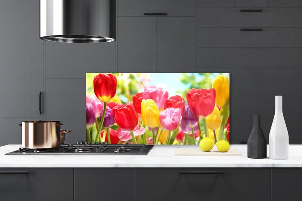 Panou sticla bucatarie Lalele Floral Roșu Galben