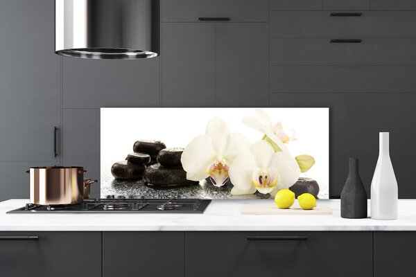 Panou sticla bucatarie Pietre florale flori alb negru