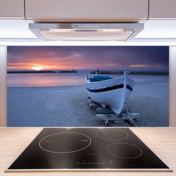 Panou sticla bucatarie Barca Sea Sun Beach Peisaj Alb Negru Galben Gri