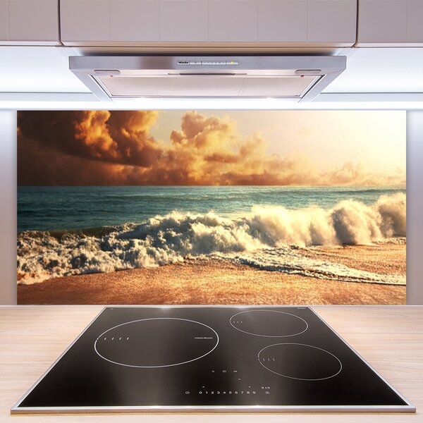 Panou sticla bucatarie Ocean Beach Peisaj Alb Albastru Galben Maro