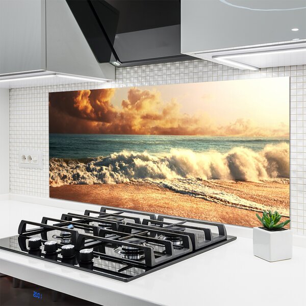 Panou sticla bucatarie Ocean Beach Peisaj Alb Albastru Galben Maro