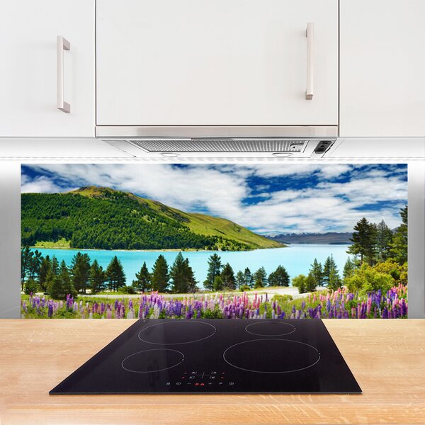 Panou sticla bucatarie Mountain Forest Meadow Lake Peisaj Verde Albastru Violet Roz