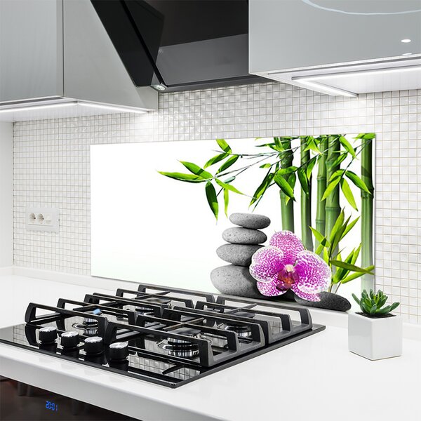 Panou sticla bucatarie Bambus Cane flori Stones Floral Verde Roz Gri