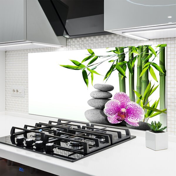 Panou sticla bucatarie Bambus Cane flori Stones Floral Verde Roz Gri