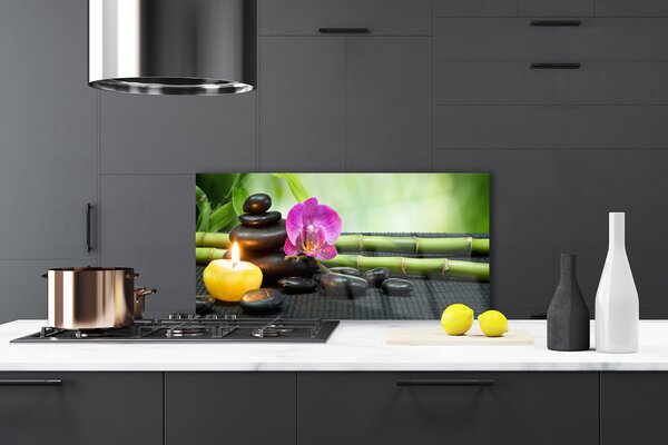 Panou sticla bucatarie Bamboo flori Stones Lumânare Arta Verde Roz Negru Galben