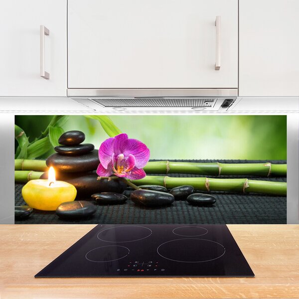 Panou sticla bucatarie Bamboo flori Stones Lumânare Arta Verde Roz Negru Galben