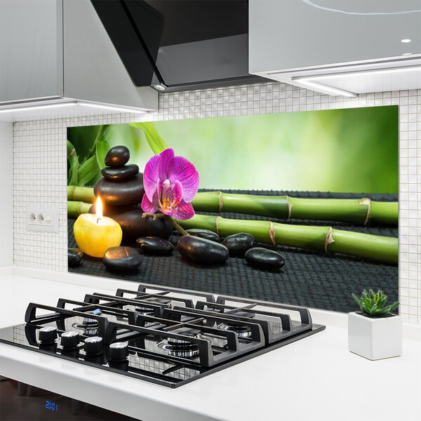 Panou sticla bucatarie Bamboo flori Stones Lumânare Arta Verde Roz Negru Galben