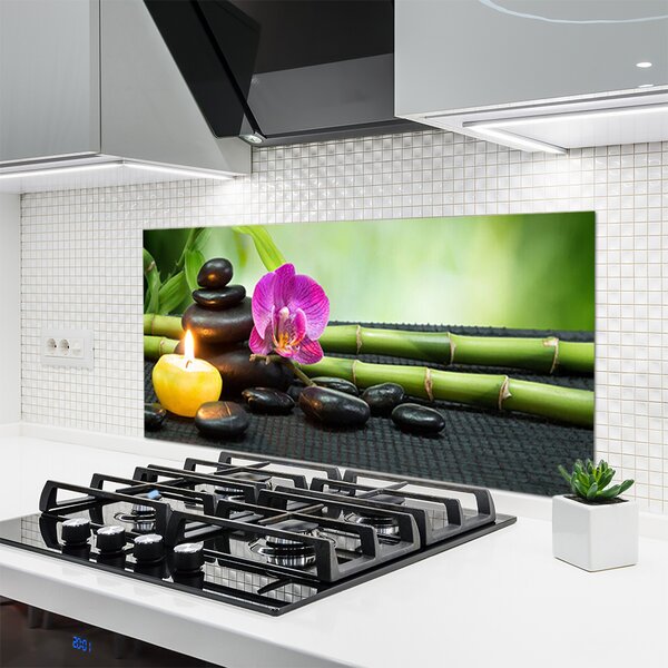Panou sticla bucatarie Bamboo flori Stones Lumânare Arta Verde Roz Negru Galben