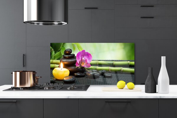 Panou sticla bucatarie Bamboo flori Stones Lumânare Arta Verde Roz Negru Galben