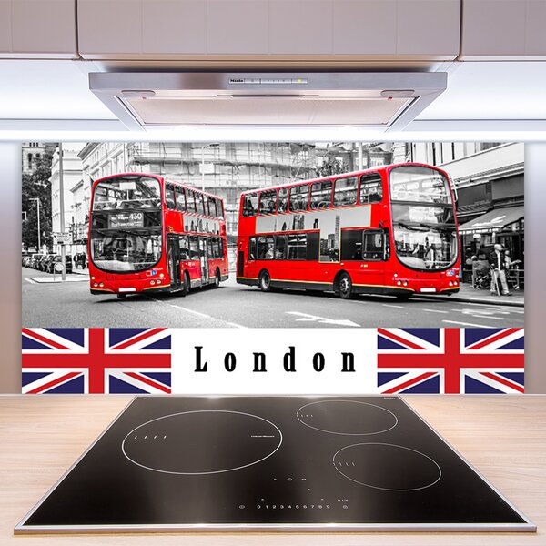 Panou sticla bucatarie Londra Autobuze Art Gri Roșu Albastru Alb