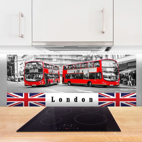 Panou sticla bucatarie Londra Autobuze Art Gri Roșu Albastru Alb