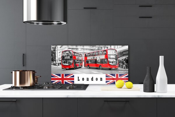 Panou sticla bucatarie Londra Autobuze Art Gri Roșu Albastru Alb