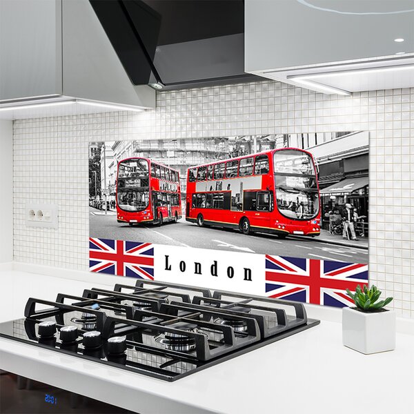 Panou sticla bucatarie Londra Autobuze Art Gri Roșu Albastru Alb