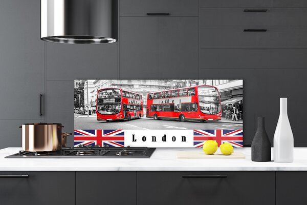 Panou sticla bucatarie Londra Autobuze Art Gri Roșu Albastru Alb