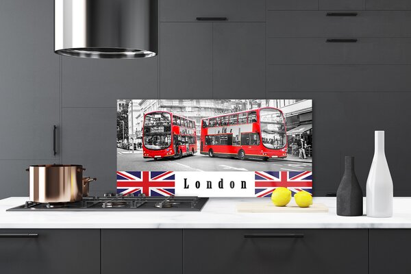 Panou sticla bucatarie Londra Autobuze Art Gri Roșu Albastru Alb