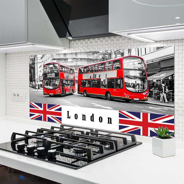 Panou sticla bucatarie Londra Autobuze Art Gri Roșu Albastru Alb