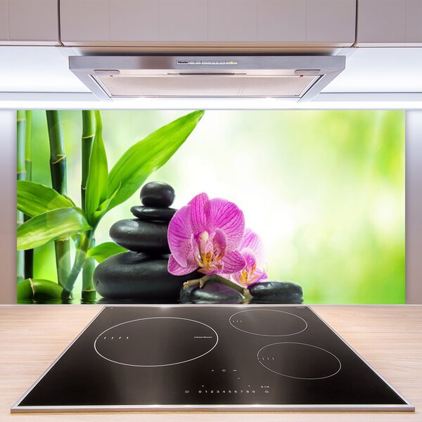 Panou sticla bucatarie Bamboo Tub flori Stones Floral Verde Negru Roz