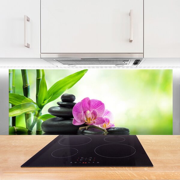 Panou sticla bucatarie Bamboo Tub flori Stones Floral Verde Negru Roz