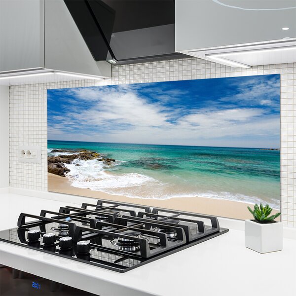 Panou sticla bucatarie Sea Beach Peisaj Alb Albastru