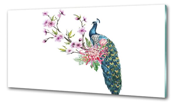 Panou sticlă decorativa bucătărie Peacock și flori