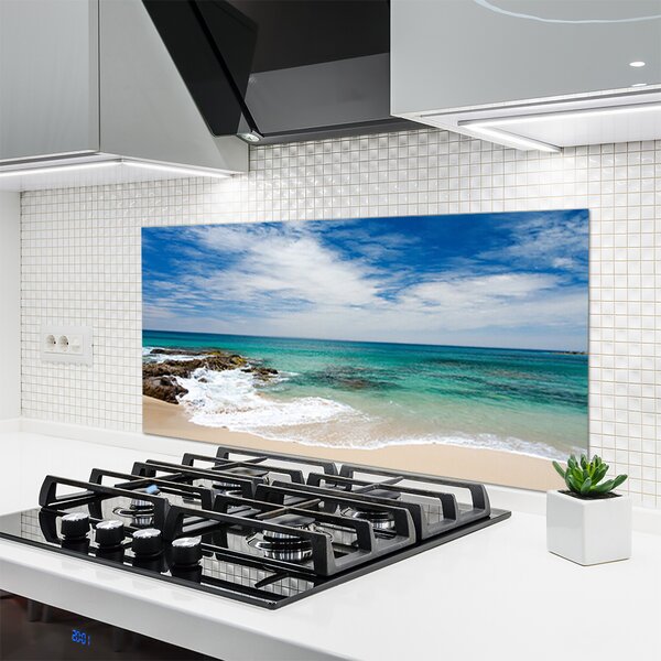 Panou sticla bucatarie Sea Beach Peisaj Alb Albastru