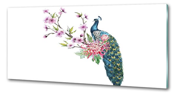 Panou sticlă decorativa bucătărie Peacock și flori